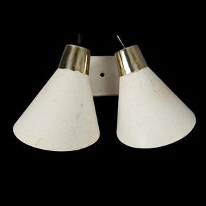 Vintage Fiberglass Shade Wall Sconce Double Light Gold Ivory Beige Mid Century